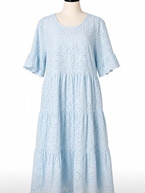 Cottagecore Blue Embroidered Tiered Midi Dress XL Flutter Bell Sleeve  Boho